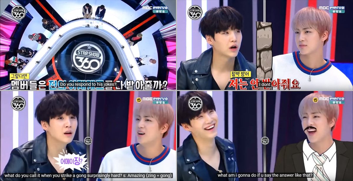 Then we had Yoongi continuing to pretend he ignores Jin’s dad jokes but it didn't take long for him to expose himself.