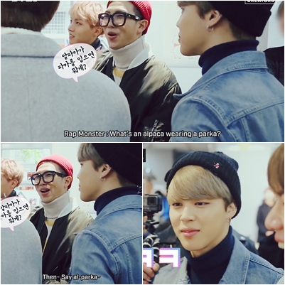 The iconic dad jokes that started off as always with maknae line laughing, Namjoon secretly laughing and Yoongi straight up ignoring Jin’s dad jokes. As always, Namjoon couldn't resist Jin for too long and broke easily.