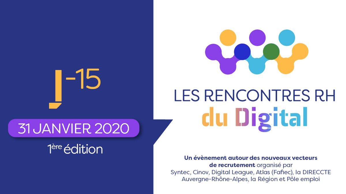Décideur dans le #Numerique ? Il est encore temps de vous inscrire aux premières rencontres #RH du #Digital le 31 janvier à #Lyon 
C'est ici : digital-league.org/blog/events/le…
@poleemploi_ara @syntecnumerique <a href="/FSyntec/">Fédération Syntec</a> <a href="/Digitaleague/">Digital League</a> @FederationCINOV <a href="/Fafiec/">Fafiec</a> <a href="/prefetrhone/">Préfète de région Auvergne-Rhône-Alpes et du Rhône</a>
<a href="/auvergnerhalpes/">Auvergne-Rhône-Alpes</a>