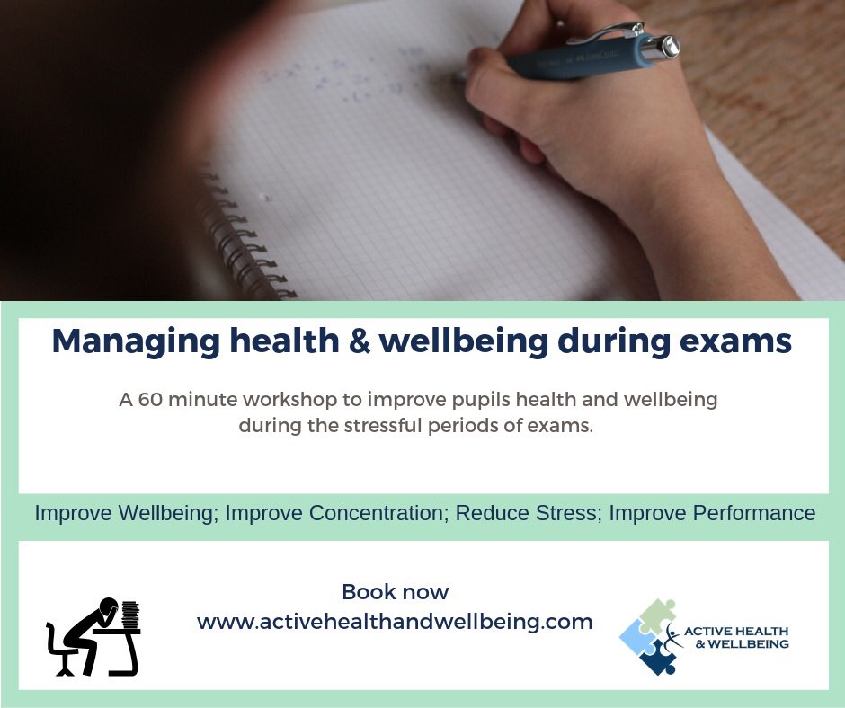 *schools*

Exam time is looming. Do you want to provide your pupils with tools and techniques to manage their health and wellbeing during this stressful time?

Our managing health &amp; wellbeing during exam workshop is available now. Get in touch to book 

#schools #education #exams