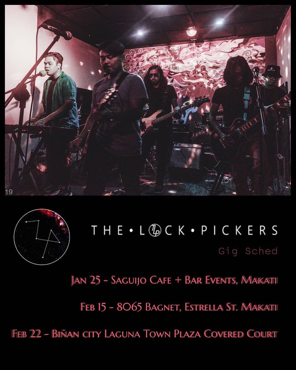 thelockpickers's tweet photo. GIG SCHED 👌👌👌

See you on these dates!
Jan 25 - Saguijo, Makati
Feb 15 - 8065 Bagnet, Makati
Feb 22 - Laguna Town Plaza, Biñan https://t.co/KTXZQ0pw4u