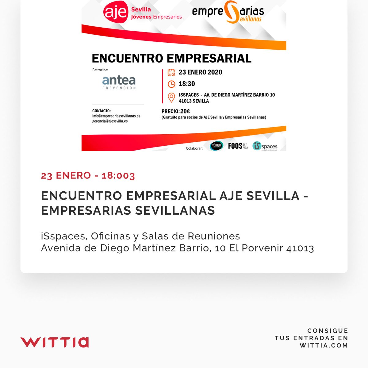 EsWittia's tweet photo. @AJESevilla  y #Empresarias #Sevillanas organizan un #encuentro #empresarial #gratis para sus asociados. ¡No te quedes sin tu #entrada! Que tienes la oportunidad de #ganar un fin de semana. 
•
•
•
#Sevilla #AJE #SerAJE #wittia #tickets #eventos #free #socios #networking https://t.co/iI53CZOOle