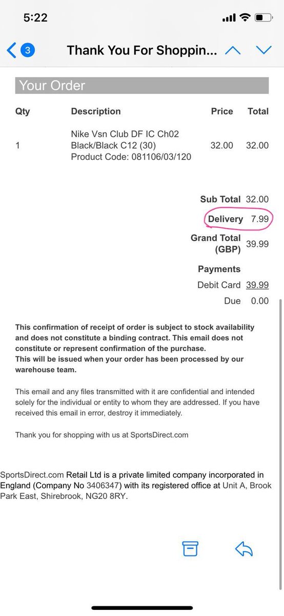 Kchu25's tweet photo. @SportsDirect_CS @SportsDirectUK @dpd_support PAID £7.99 for an order on the 14th for delivery next day on the 15th, and it still hasn’t arrived??? order was placed at 4pm...... broken promises, poor service! no contact details! https://t.co/XuHxuy3WiK