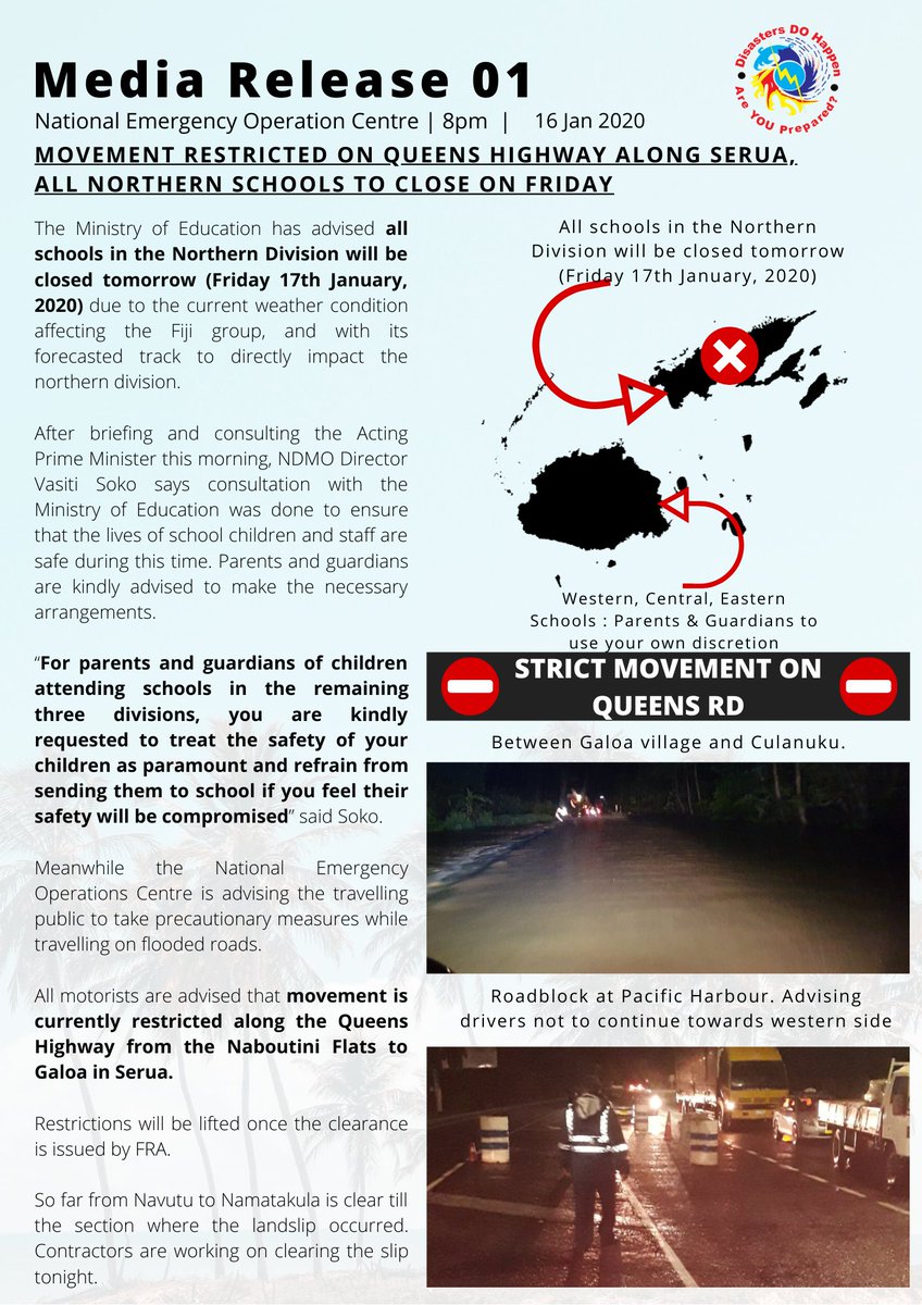 FijiNDRMO's tweet photo. #TD04F Media Release 01
Stay updated and inform your family and friends.
- Schools
- Civil Service
- Road Update
- Precautionary measures.
Stay safe #TeamFiji https://t.co/eFMadv21Az