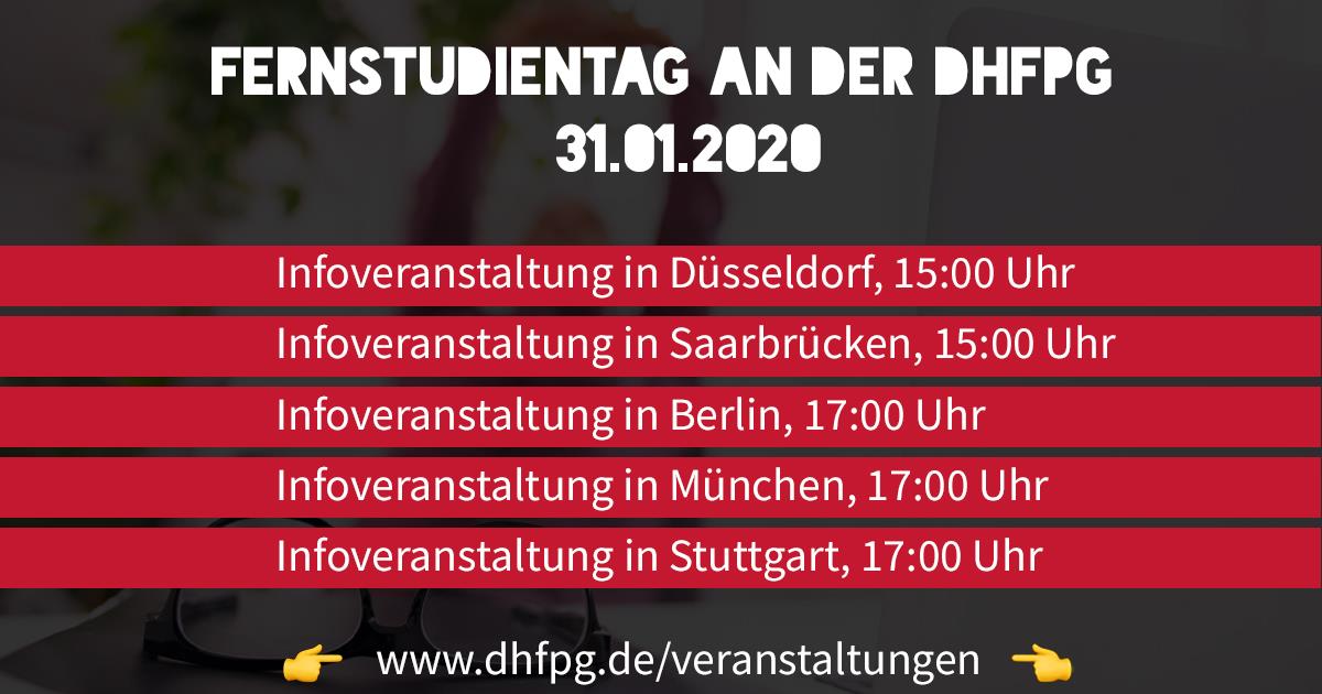 Fernstudientag's tweet photo. Die @dhfpg_de beteiligt sich mit insgesamt fünf Infoveranstaltungen an verschienden Studienzentren am #Fernstudientag (31.1.). Alle Termine unter https://t.co/0arGf1B4jW #fst20 https://t.co/B7VCgzicJ0
