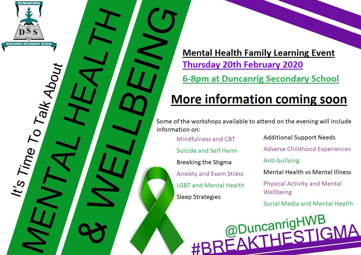 DuncanrigHWB's tweet photo. COMING SOON: Mental Health Family Learning event at Duncanrig Secondary School. This will be open to all Duncanrig and associated P7 pupils. More information coming soon #MentalHealth #HealthAndWellbeing #FamilyLearning #TogetherWeAreDuncanrig https://t.co/qsg15Ncu91