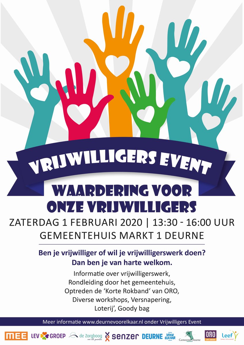 Deurnevoorelk's tweet photo. Groots vrijwilligersevent voor vrijwilligers en
belangstellenden op 1 februari. Leuke en informatieve middag waarin zowel zorg, welzijn, cultuur en sport vertegenwoordigd zijn. Met 12 workshops en 16 organisaties die waardering en informatie geven. Er zijn leuke verrassingen! https://t.co/m1zWJzyBNP