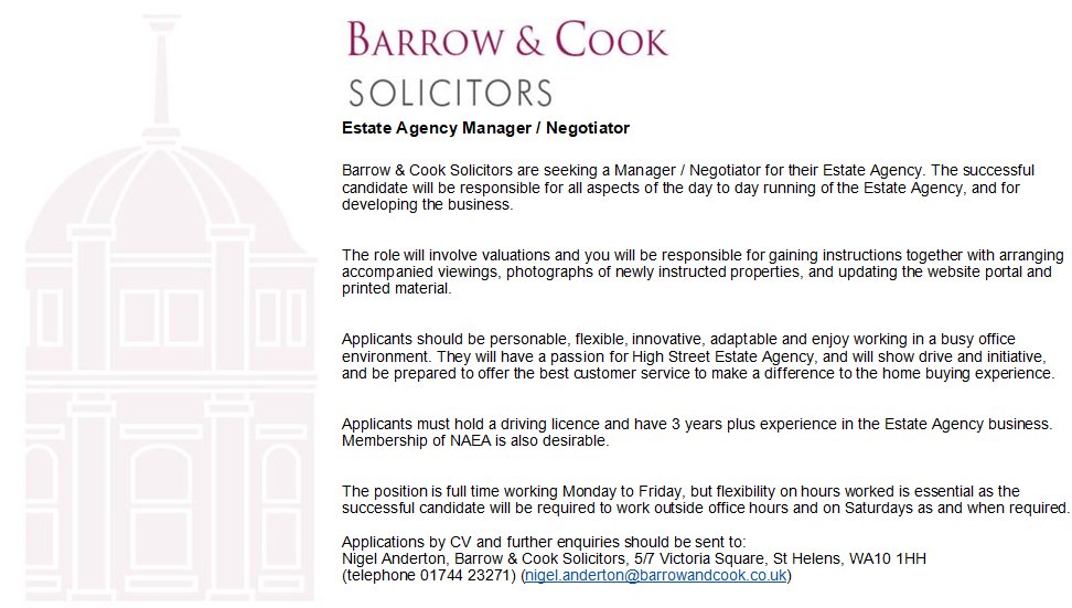 BandCSolicitors's tweet photo. Barrow &amp; Cook Solicitors are hiring!

Want to join our Estate Agents team?

Then take a look at our vacancy for a Estate Agency Manager/Negotiator.

Find details on how to apply below.  

#hiring #vacancy #job #jobseekers #jobadvert #estateagent #solicitors #sthelens #legal https://t.co/qXgQAGDlhE