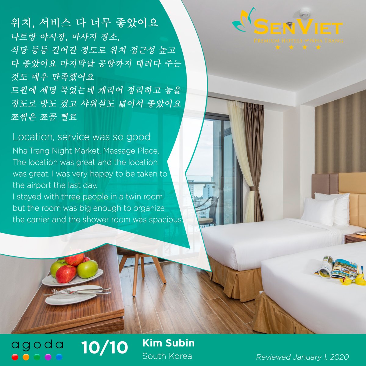 PremiumSen's tweet photo. 👍 GREAT MOTIVATION FROM OUR VALUED GUEST'S SATISFACTION...
The series of 10/10 points are rated on the Agoda booking page is a specific proof for our valued guest's satisfaction about the 4-star service quality of Sen Viet Premium Hotel Nha Trang.  Thank you so much!
#nhatrang https://t.co/e9nvF1fbF9