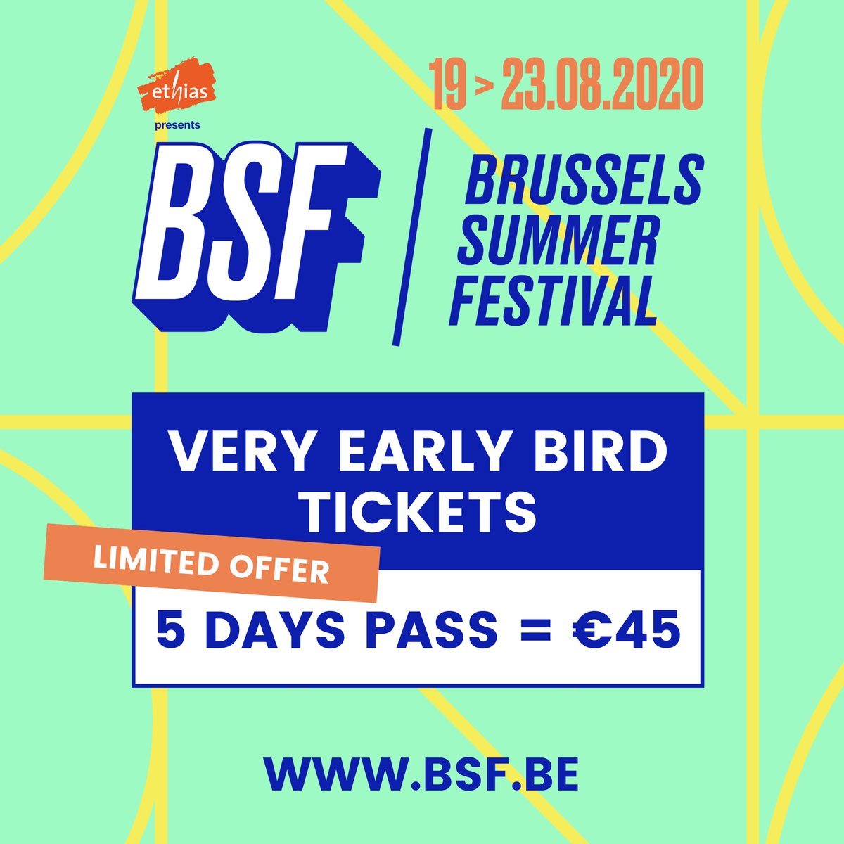 BSFestival's tweet photo. Very excited to announce that BSF will be back from 19 to 23 August 2020 ! It’s the perfect chance for you to get our special "VERY EARLY BIRD TICKET" at the price of € 45 for the 5 Days Pass. Hurry up, they’re limited in number!
👉https://t.co/8KgHgtCDcF https://t.co/PzInkSKdMJ