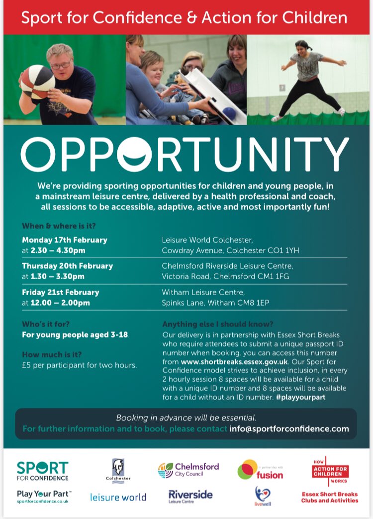 We’re back! Delivering sporting opportunities in February Half Term in partnership with Essex Short Breaks! Sessions at Colchester, Witham and Chelmsford! 💥 book now! #PlayYourPart