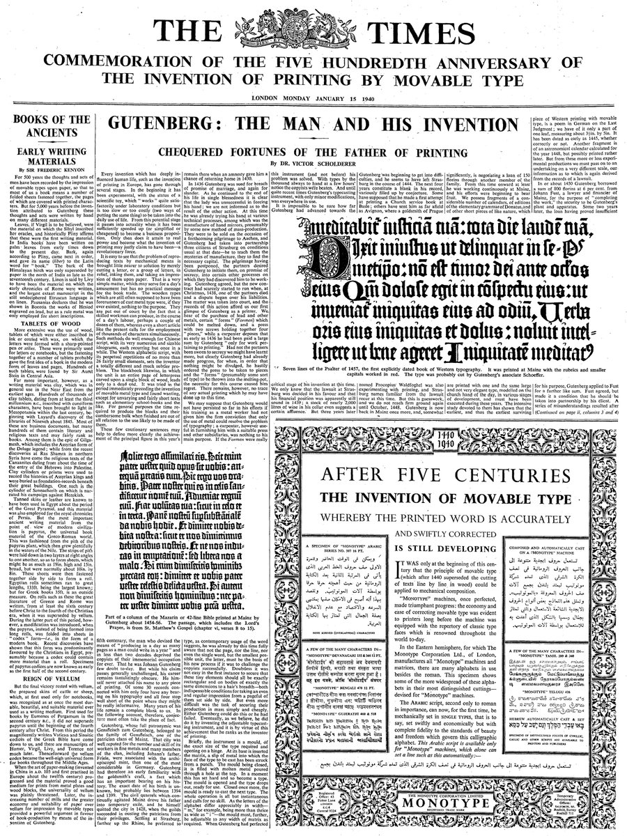NewsUKArchives's tweet photo. An interesting article from January 15th 1940 @thetimes 500th anniversary of the invention of printing by movable type. #newspapers #Gutenberg #printing #newsprint #presshistory https://t.co/MjFfkcJTuC