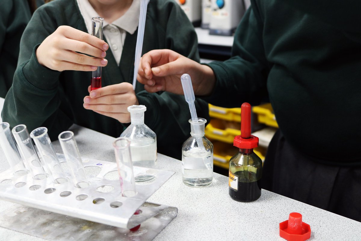 KennetSchool's tweet photo. As part of our #CommunityMatters programme, local primary school pupils took part in a Science Masterclass this week. Ably assisted by Kennet pupils, they learnt about acid and alkali reactions, mixing them in test tubes and seeing the results. #KennetScience https://t.co/R2WwjO4qR4