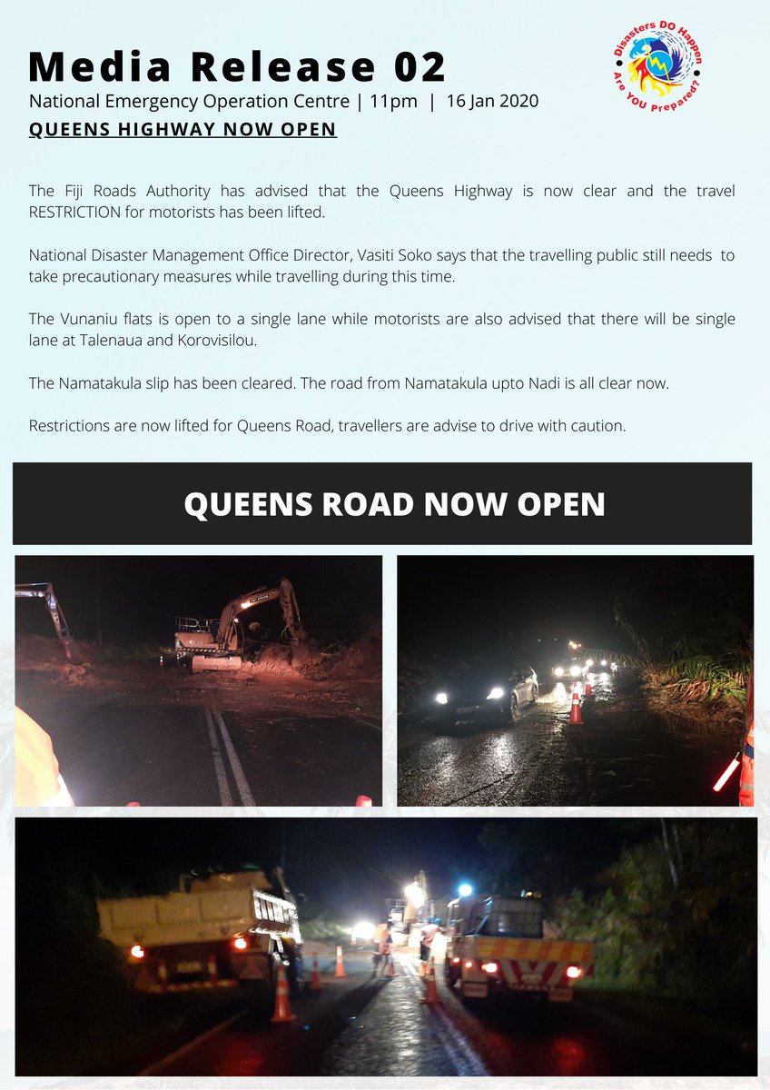 FijiNDRMO's tweet photo. #TD04F Media Release 02
- Queens Road now open but Motorists are advised to take precautions โ ๏ธ while travelling.
Stay safe #TeamFiji https://t.co/qOnIMrR9oA