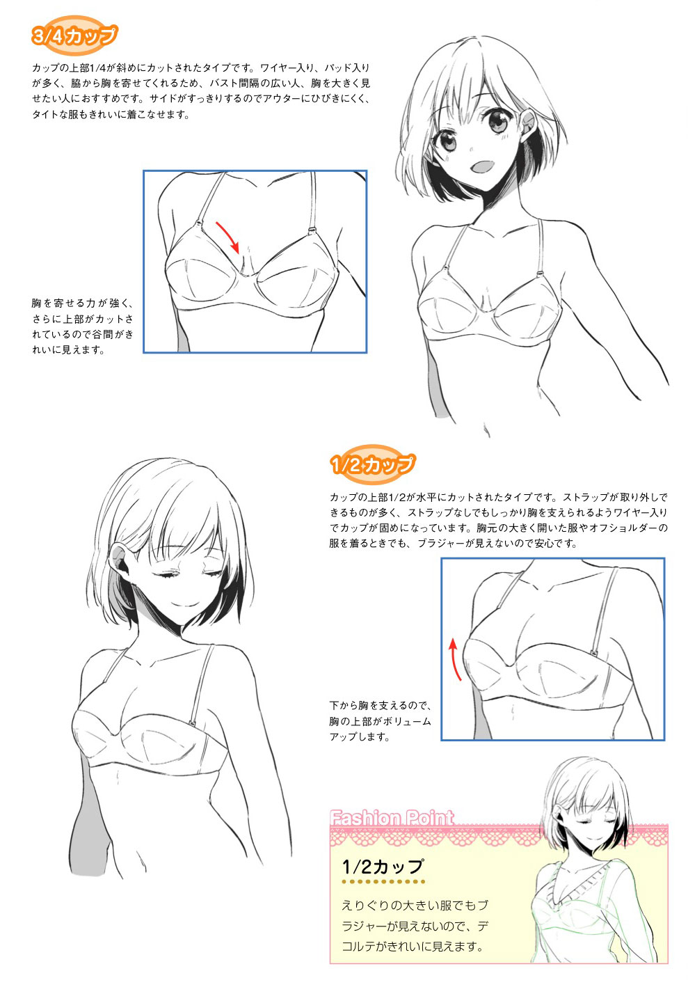 玄光社 超描けるシリーズ 超描ネタ帳 男性が意外と知らない女性用下着のこと ブラジャーには様々な種類があります カップの基本的な種類だけでも フルカップ 3 4カップ 1 2カップがあるので描き 分けれるようになりましょう 下着の描き方