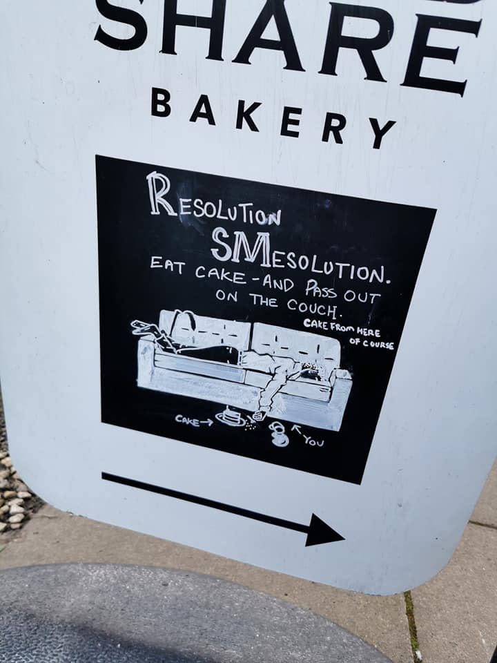 breadshare's tweet photo. Good morning from team Breadshare 🌞We love Sean's latest creation on the #AlexBakes sign! We're also 100% behind this message 😋

Huge variety of cakes at both shops today. Enjoy!

#NewYearResolutions #organicbakery #edinburgh https://t.co/b5akTTEjsk