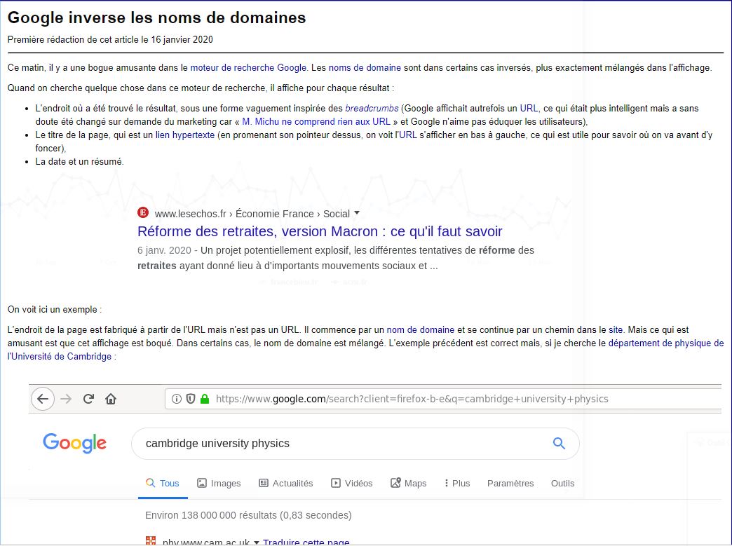 dbotton's tweet photo. "Google inverse les noms de domaines" [et sous-domaines dans les SERP] https://t.co/4XTBOZbj7A par @bortzmeyer (via G. Baret) #Google #GoogleUpdate #SERPfeature #bug #FunFact https://t.co/OtknMLIXj5