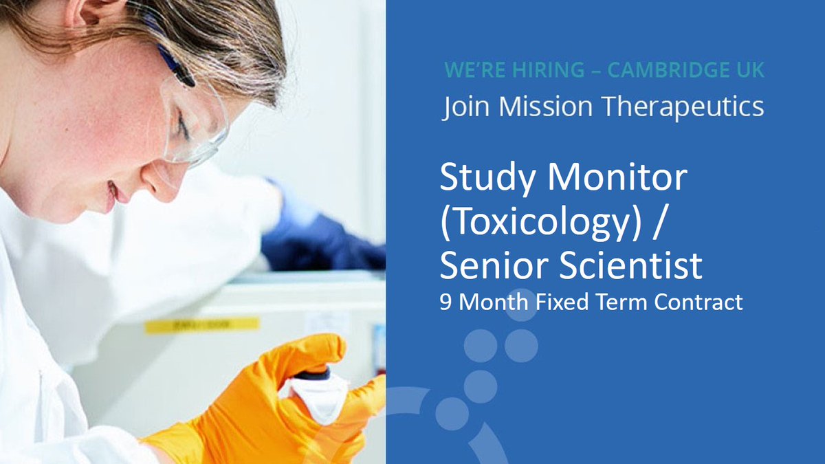 MISSIONTherapeu's tweet photo. We’re #recruiting for a Study Monitor (Toxicology) / Senior Scientist to join our ambitious and dedicated #Cambridge-based team. For more information, please go to: https://t.co/mScJEQ5XLF #Cambridgejobs #Careers https://t.co/jks2w9U8if