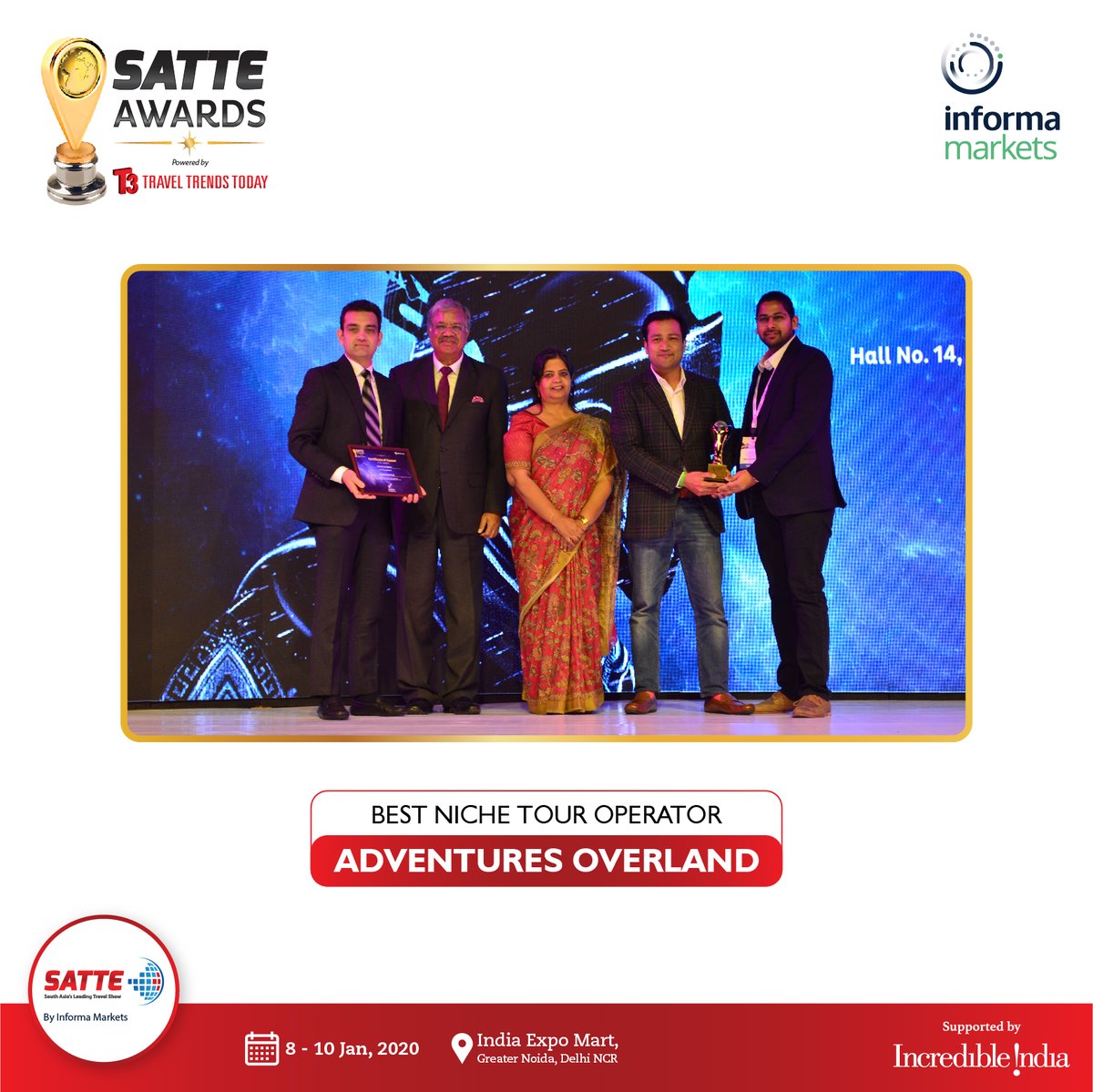 SATTE_India's tweet photo. The award for Best Niche Tour Operator at SATTE 2020 goes to Adventures Overland.
@AdventuresO
#SATTEAwards #SATTE2020 #SATTE #Travel #Tourism #IncredibleIndia https://t.co/PvGPaxy42d