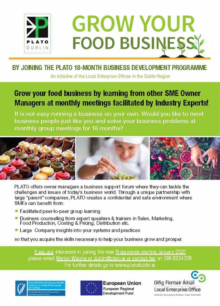 Would you like to further grow your #food business, platoDublin.ie  18 month programme starts soon, learn from the experts #sales #marketing #networking #pricing #food #production contact dublin@plato.ie