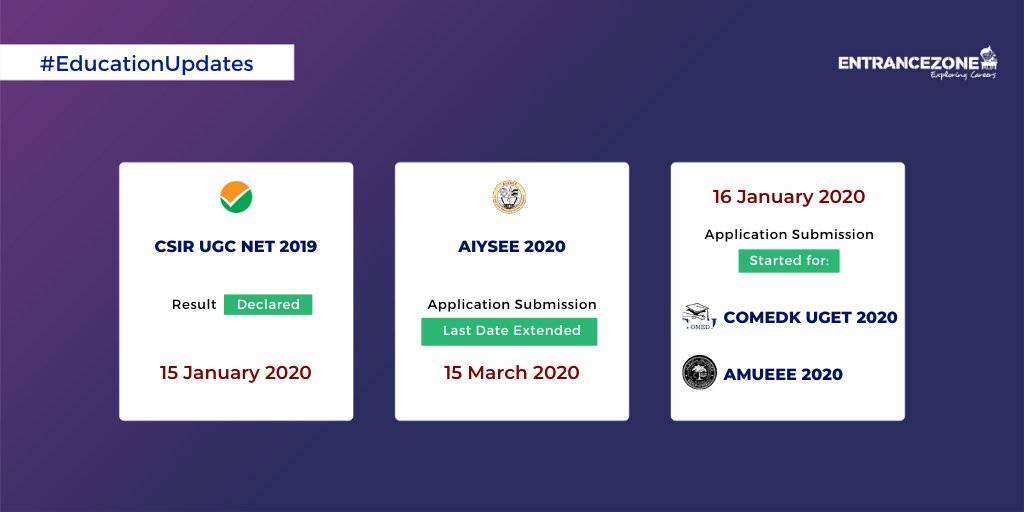 entrancezone's tweet photo. CSIR UGC NET result declared
AIYSEE application form last date has extended
COMEDK UGET and AMUEEE application form started
#csirugcnet #nta #csir #aiysee #aiysee2020 #amueee #comedk #comedkuget #comedkuget2020 #entrancezone #resultupdate #educationupdates https://t.co/48dUcUB970