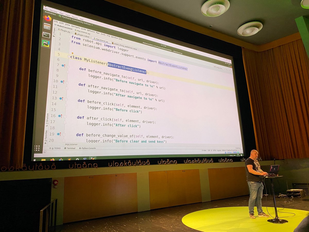 Anais_vanAsselt's tweet image. @AaltoTatu shows the Plugin API to extend the #RobotFramework #SeleniumLibrary and the Listener API to enable test execution monitoring. Awesome developments! #Robocon