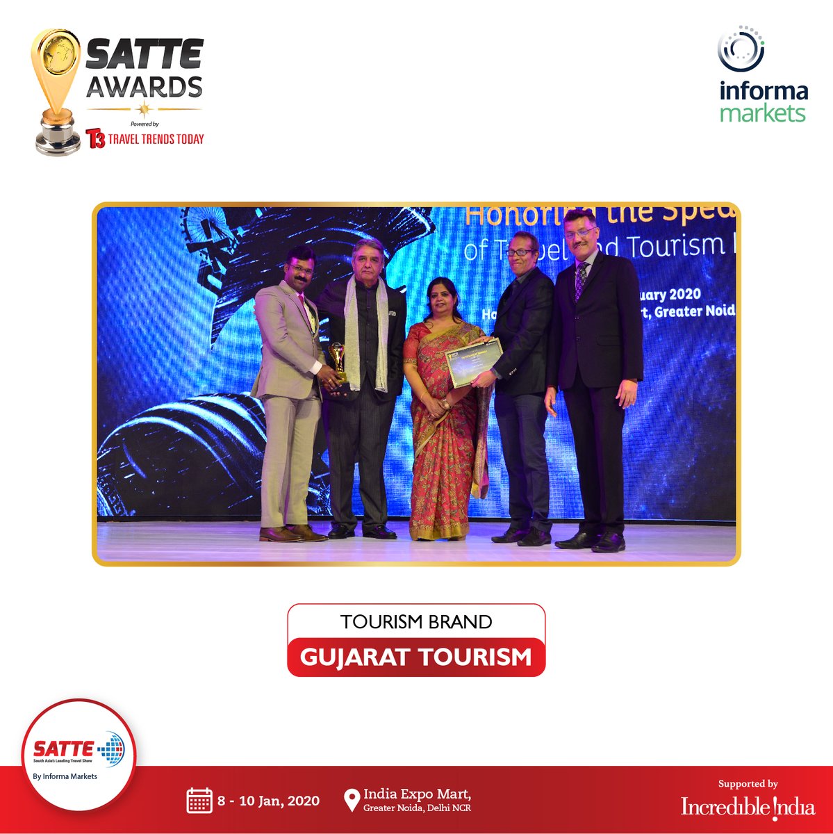 SATTE_India's tweet photo. Congratulations Gujarat Tourism for winning the award "Tourism Brand of the Year" at SATTE Awards 2020.
@GujaratTourism 
#SATTEAwards #SATTE2020 #SATTE #Travel #Tourism #IncredibleIndia https://t.co/wdUC9rcNua