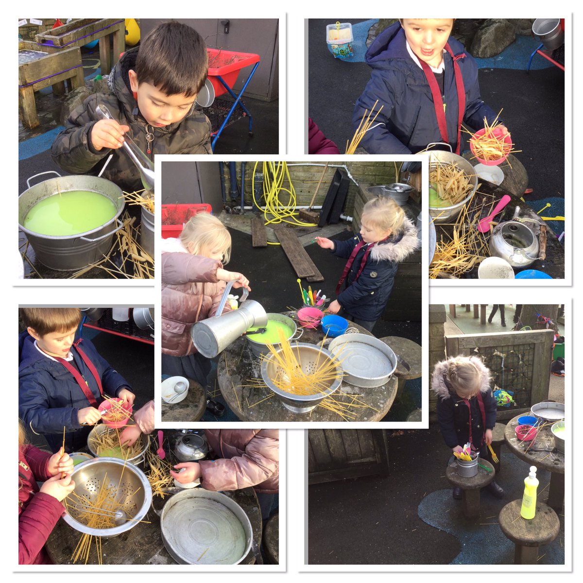 RGinfantsSchool's tweet image. Chefs at work, cooking past and spaghetti soup #EYFSoutdoorlearning #yumyum