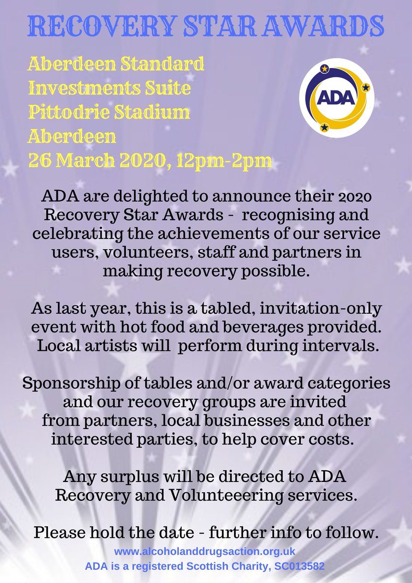AlcDrugsAction's tweet photo. RECOVERY STAR AWARDS 2020
Delighted to announce that this year's event returns to Pittodrie Stadium on Thursday 26 March. Hold the date, more information to follow soon. #enablerecovery https://t.co/CNF2ooxkZh