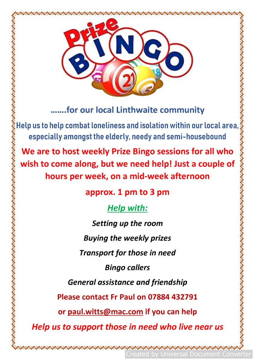 linthwaitech's tweet image. Help required to run our new weekly Prize Bingo sessions to help combat loneliness and isolation in our local community - especially among the elderly and vulnerable. Can you spare a couple of hours a week to help?