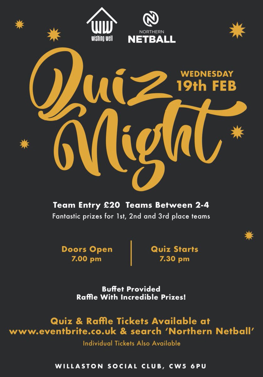 NetballNorthern's tweet image. We’re hosting a fundraising quiz night! 🙌🏻 come and join us for a great night to support our club and @TheWishingWellP  get your quiz and raffle tickets @ eventbrite.co.uk/e/northern-net…