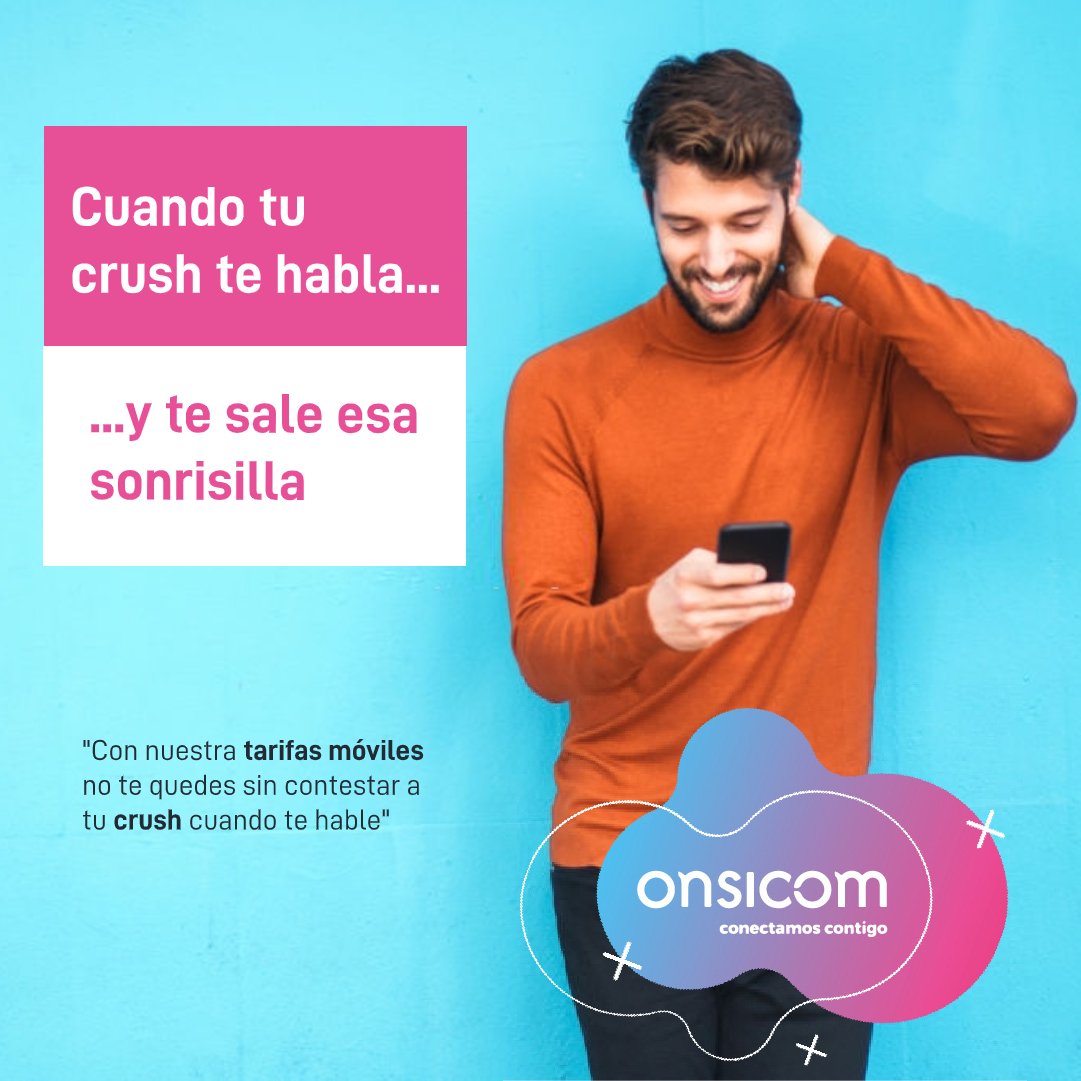onsicom's tweet photo. En #Onsicom sabemos lo importante que puede ser un mensaje para ti. Por eso con nuestras tarifas móviles para lineas adicionales de paquetes con fibra no te tendrás que preocupar por los datos. 😊🤪😍
#Móvil #Crush #Notequedesindatos #Internet https://t.co/aRXIeursCL