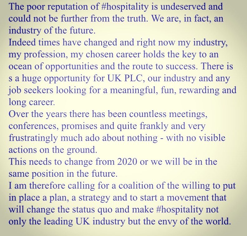 The time has come to devise a strategy and act #hospitality 

Open letter 

<a href="/10DowningStreet/">UK Prime Minister</a> <a href="/Helen_Whately/">Helen Whately MP</a> <a href="/DCMS/">Department for Culture, Media and Sport</a> <a href="/MoJGovUK/">Ministry of Justice</a> <a href="/educationgovuk/">Department for Education</a> <a href="/UKHofficial/">UKHospitality</a>