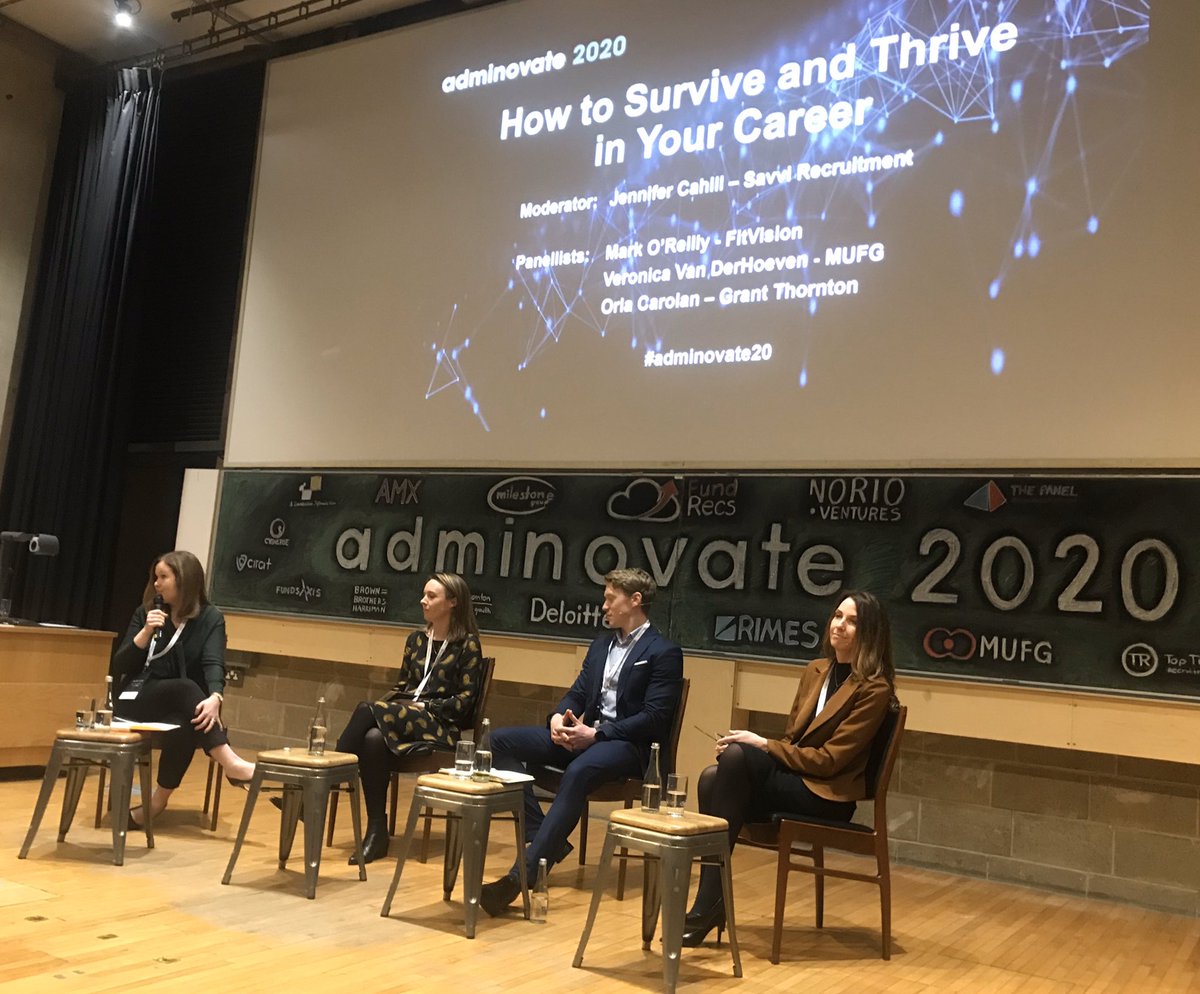 Panel: How to Survive and Thrive in Your Career 💪

Moderating this panel we have <a href="/jennifergcahill/">Jennifer Cahill</a> Co-founder of <a href="/SavviRecruit/">Savvi Recruitment Consultants</a> in conversation with Mark O’Reilly of @FitVisionIre, Veronica Van Der Hoeven of <a href="/MUFGEMEA/">MUFG EMEA</a> &amp; <a href="/thetalentcoach/">Orla Carolan</a> of <a href="/GrantThorntonIE/">Grant Thornton Ire</a>. #adminovate20