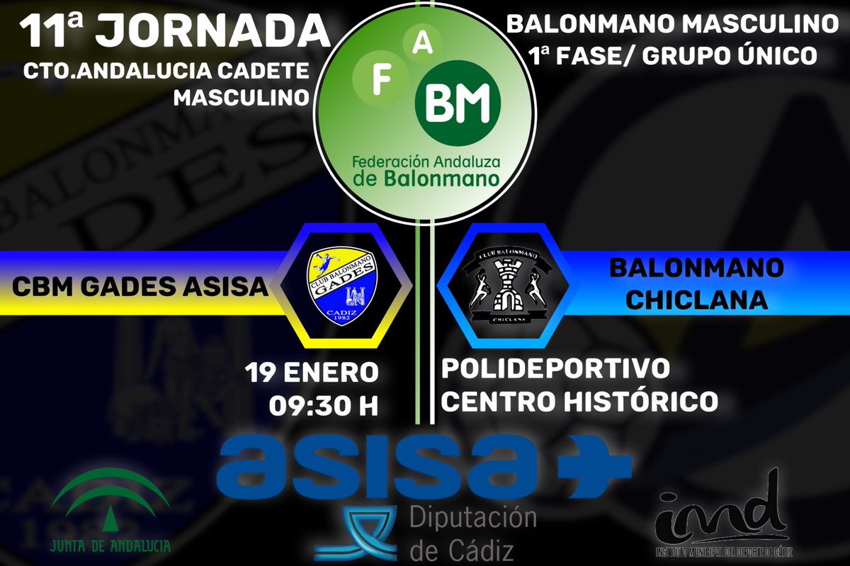 cbmgades's tweet photo. Mientras el DOMINGO en el POLIDEPORTIVO CENTRO HISTÓRICO (Pabellon del Parque Genovés), lo harán el cadete contra Bm. Chiclana y los juveniles y senior ante el Bm. Villa de los Barrios. https://t.co/kXRFuI96TS