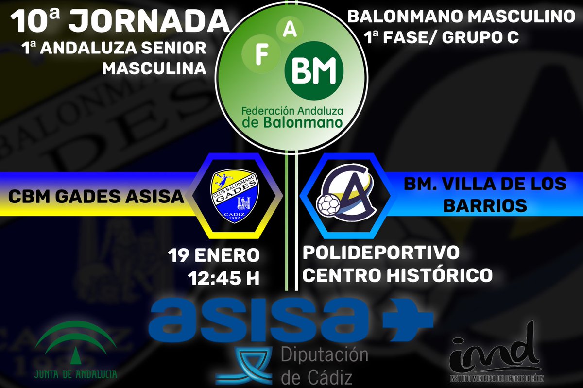 cbmgades's tweet photo. Mientras el DOMINGO en el POLIDEPORTIVO CENTRO HISTÓRICO (Pabellon del Parque Genovés), lo harán el cadete contra Bm. Chiclana y los juveniles y senior ante el Bm. Villa de los Barrios. https://t.co/kXRFuI96TS