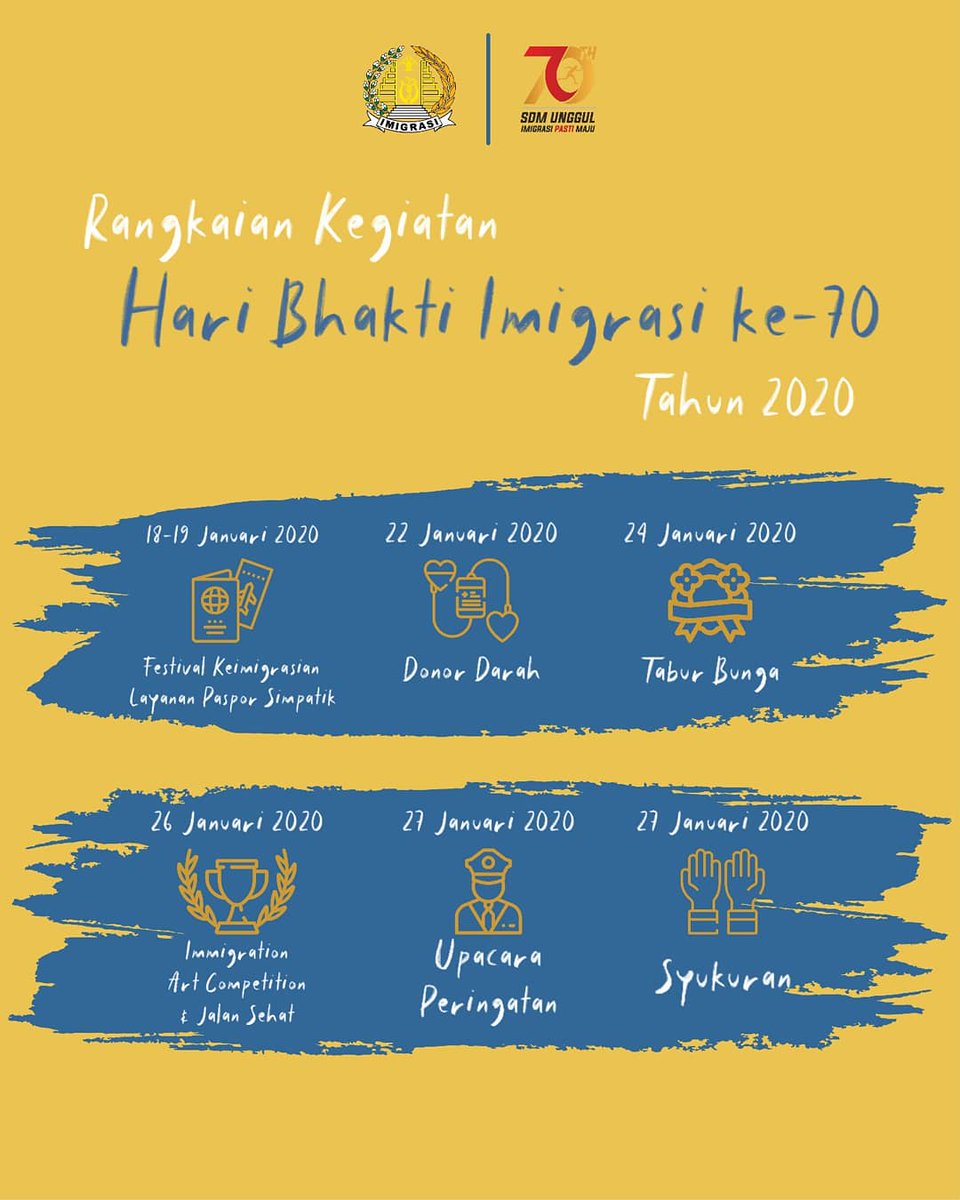 ditjen_imigrasi's tweet photo. Tanggal 26 Januari 2020 menjadi hari spesial bagi Direktorat Jenderal Imigrasi yang akan memperingati Hari Bhakti Imigrasi ke-70. 

Ada cerita apa aja nih di Hari Bhakti Imigrasi tahun ini? Sabar, satu persatu akan Mido ceritakan kok. Simak ya rangkaian Hari Ulang Tahun Imigrasi. https://t.co/RBu941g3tO
