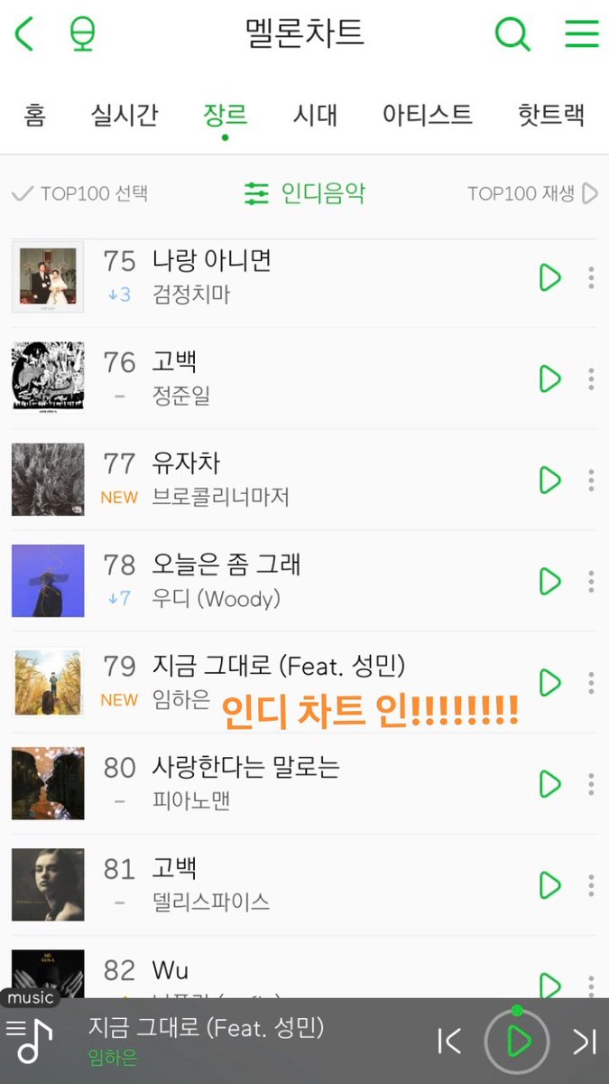 mingtrans's tweet image. 200116 Haeun IG Story.
Indie Music Chart in!!! 

[#지금_그대로]
Milky Wave's new song is #79 on Indie Music - Melon Chart!! 
Congratulations to the amazing team that created such a beautiful song! Congratulations to both of you brilliant and talented men: Haeun and Sungmin! 🌟