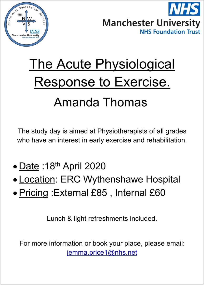 JemmaPrice88's tweet image. Calling all Physios interested in early rehabilitation and exercise physiology, come join for this great study day!
Please share with any Physio colleagues who may be interested !
@NWVU_MFT @MFTnhs @TheACPRC @northwestcsp