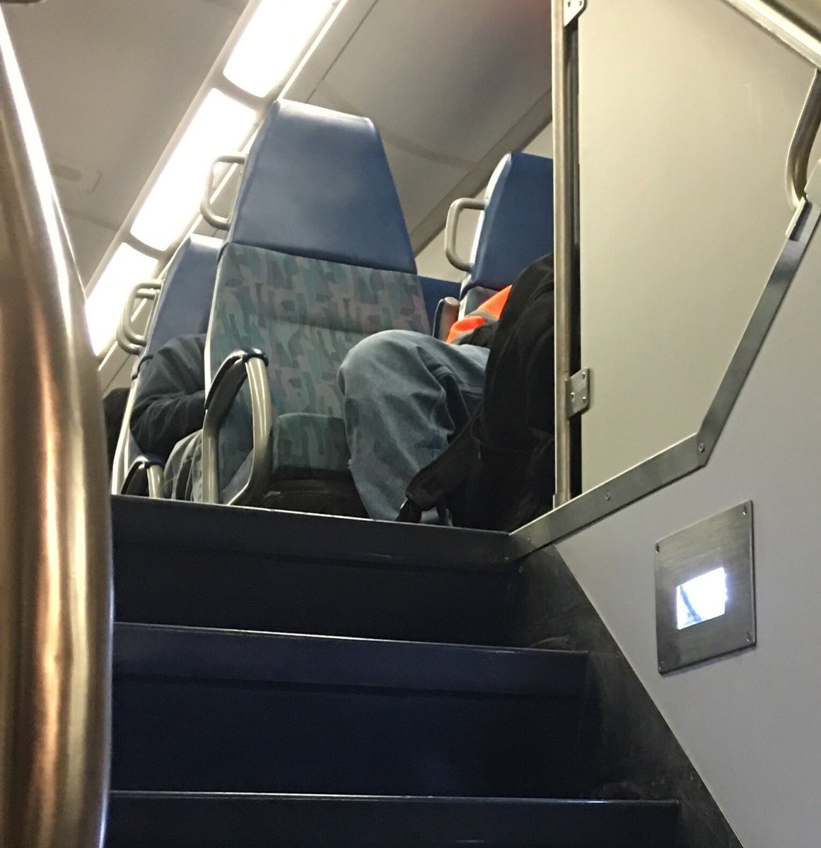 Dan33Lt's tweet image. @Metrolink @FailMetro 
Congratulations to @Metrolink for SB 301 line being short a car and having no one to care or enforce the Code of Conduct.  Standing room only and people sitting on trash cans and this, taking 3 seats:
Where’s the CEO that makes over $500k in taxpayers money