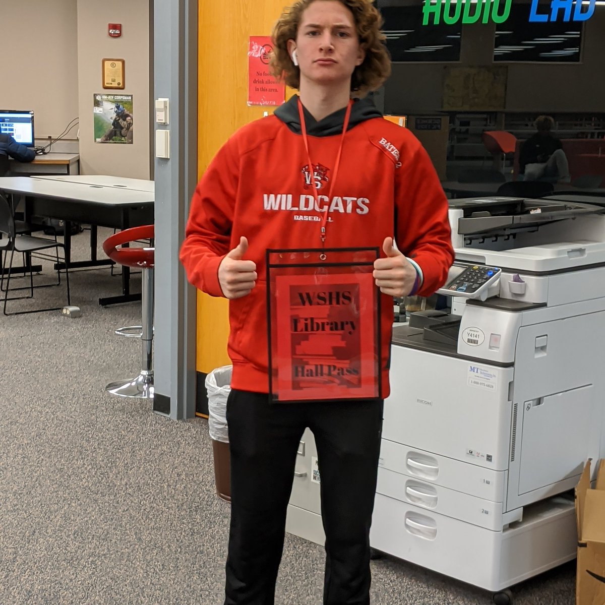 WSHSMC's tweet image. Jack is seen here modeling our new library pass. The more obnoxious the pass the easier it is to find it, right? 😆