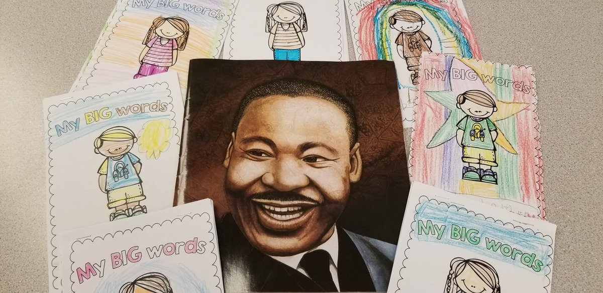 ORVanderVelde's tweet photo. In Social Studies, 2C is learning about Dr. Martin Luther King, Jr. and reading the book Martin's Big Words, by Doreen Rappaport.  We created our own Big Words Books, inspired by Dr. King and his dream. #MLK #love #courage #peace #dream #oakridgemustangs https://t.co/Ac3o1Fcs1G