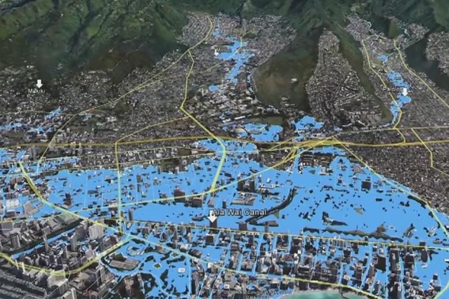 map of a city with overdrawn area of flooding in blue