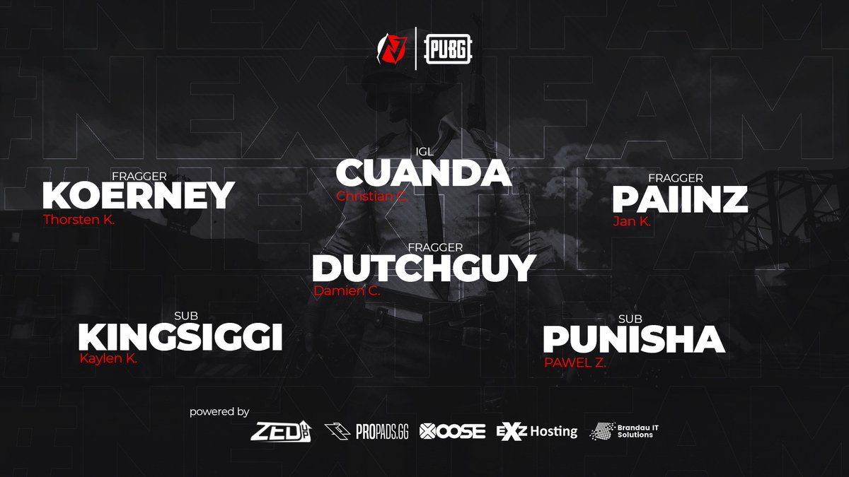 [#Next1PUBG]

We have big plans for 2020. 👀
So today we can introduce our new PUBG team to you!  🎉

Welcome to the #Next1Fam ! 

@K1NGSIGGI 
<a href="/Cuanda10/">Cuanda 🇨🇭/ 🇵🇭</a>
<a href="/koerney2/">Koerney</a>
@PaiinZ_PUBG
<a href="/ttvDutchGuy/">Dutchguy</a>
<a href="/RccnsP/">李信</a>

#Next1nolimits