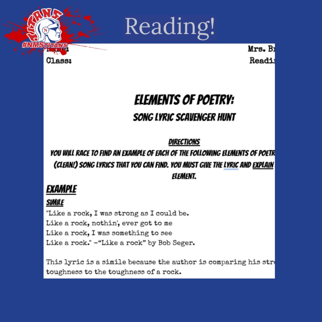 NMS_Titans's tweet image. Mrs. Rumsey and Mrs. Brewster's awesome reading class has classes do our own Figurative Language Scavenger Hunt  #nmstitans #ReadingClass
🔴⚪️🔵