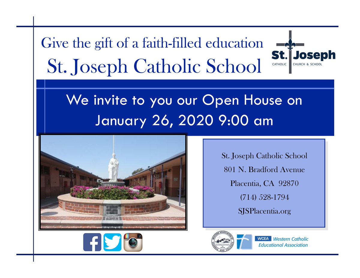 SJSPlacentia's tweet photo. Open House is coming up on Sunday, January 26th! Invite your family and friends to come and see all that St. Joseph Catholic School has to offer! #openhouse #CSW2020 #SJSstrong #spreadtheword #Catholiceducation #justlikeYOU https://t.co/JJjngXzGLk
