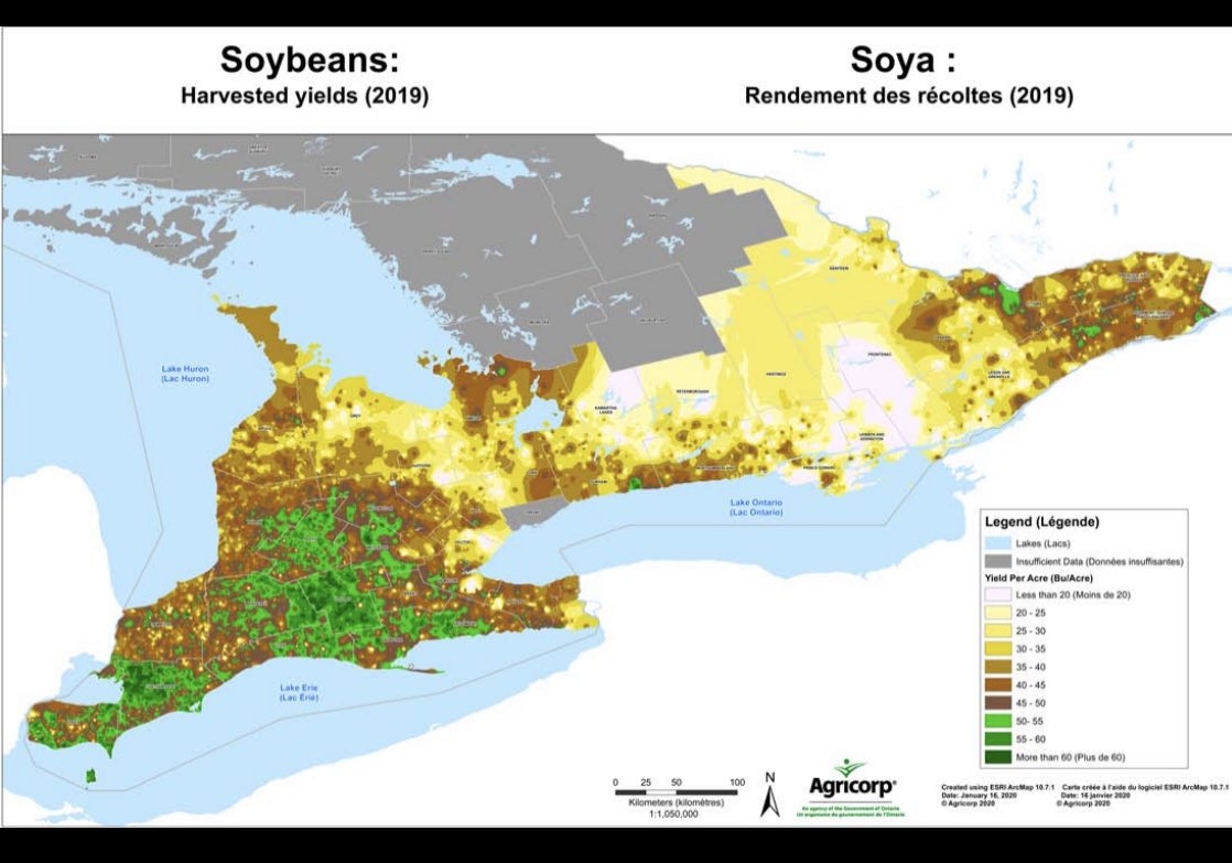 DCHighlander's tweet photo. 2019 Soybean yields from Agricorp across Ontario. Lack of August rains really impacted some zones. https://t.co/FLLGEtMHKr