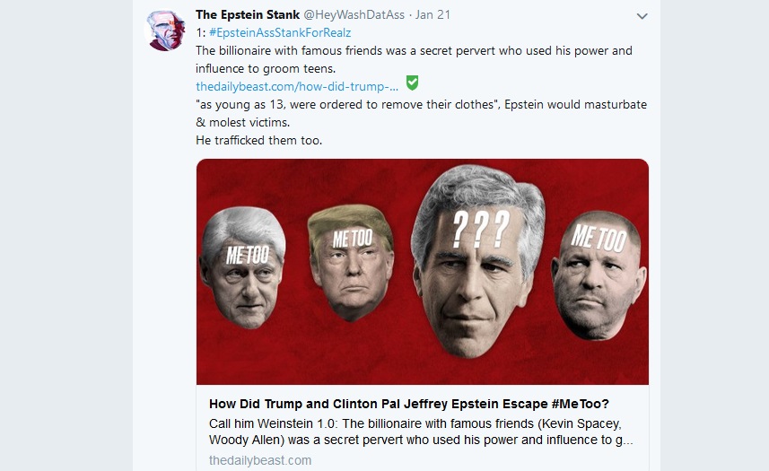 HeyWashDatAss's tweet photo. 1: #EpsteinAssStankForRealz
The billionaire with famous friends was a secret pervert who used his power and influence to groom teens.
THREAD: https://t.co/ximkTjeNW0
"as young as 13, were ordered to remove their clothes", Epstein would masturbate &amp; molest victims.
He trafficked.. https://t.co/YQW8sjqjmM