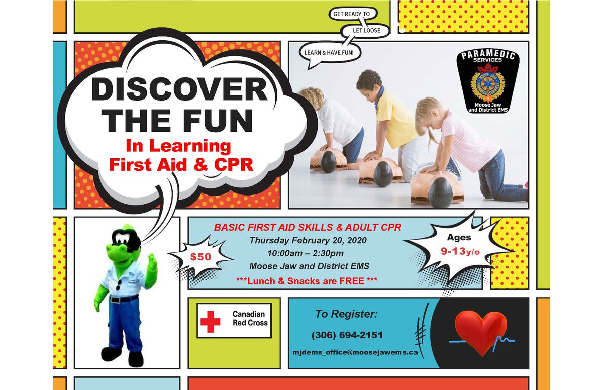 February is #HeartMonth ll Kids- want to learn #FirstAid and #CPR ?  Come learn from <a href="/MJParamedics/">MJ Paramedics</a> over the February school break!  Its fun AND you can learn to help save someones life!  <a href="/PrairieSouth/">Prairie South</a> <a href="/HolyTrinitySD/">Holy Trinity</a> @RedCrossSK
