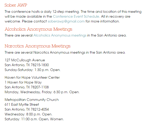 TrustMiguel's tweet photo. For those attending #AWP20 who seek sobriety and/or recovery support. #AWPLGBTQ
This is from the @AWPwriter Accessibility Services page https://t.co/6pGoSy9qb6 https://t.co/5mQH8WItyN